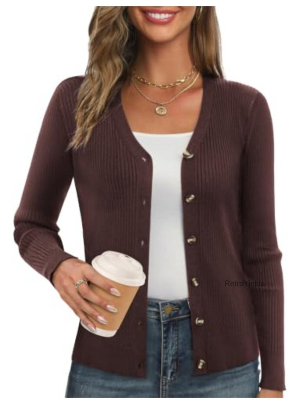 Women's Long Sleeve V Neck Button Up Ribbed Knit Cardigan Sweater